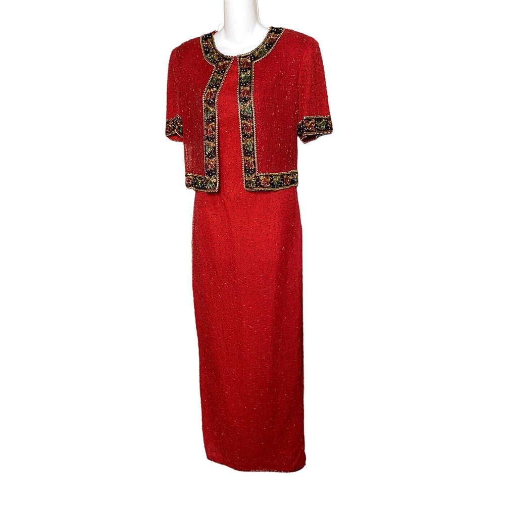 Papell Boutique Evening Fully Sequined Red Silk Gown Dress ~ 4